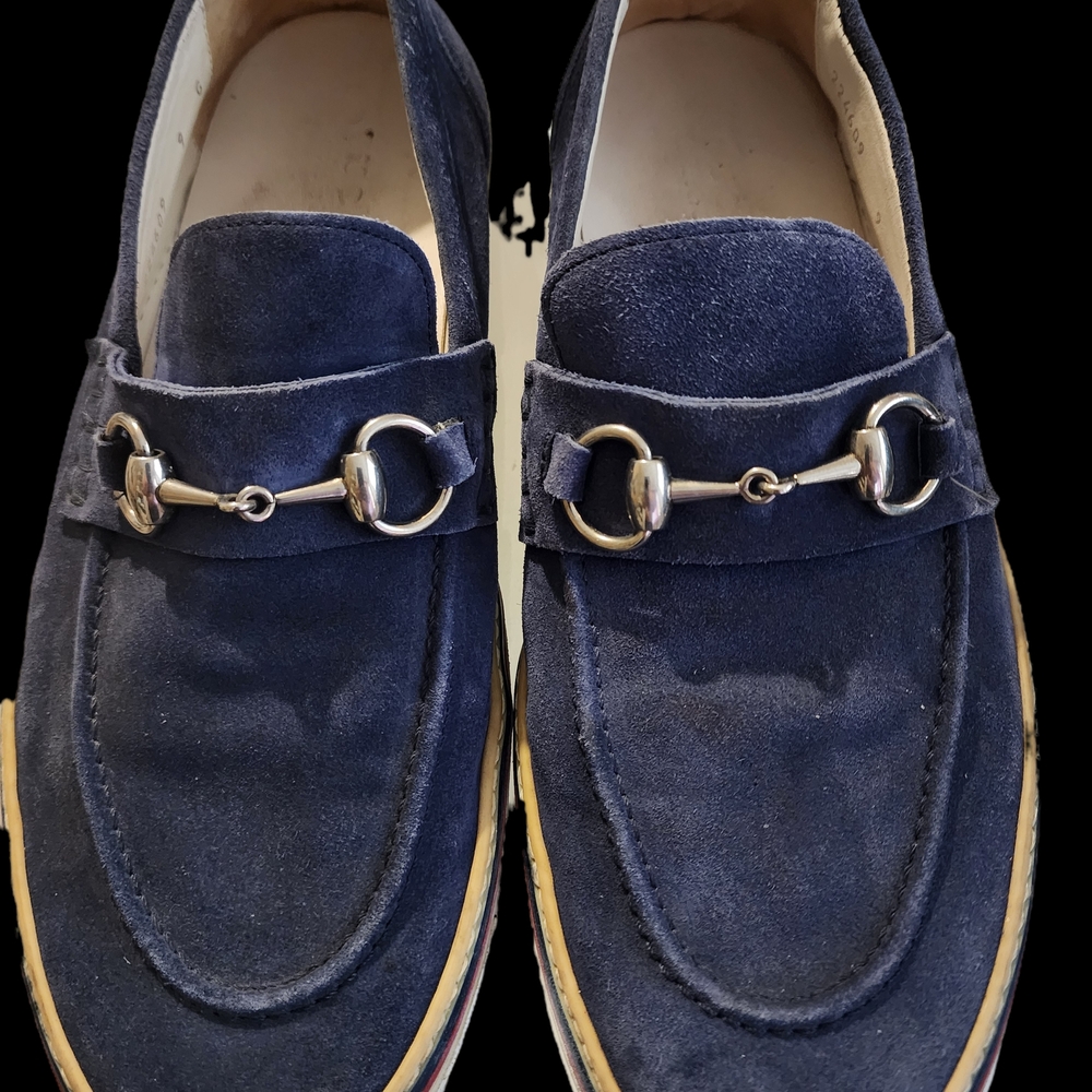 Vintage Gucci Navy Suede Loafers with Silver Buckle 9 As Is Pre Owned